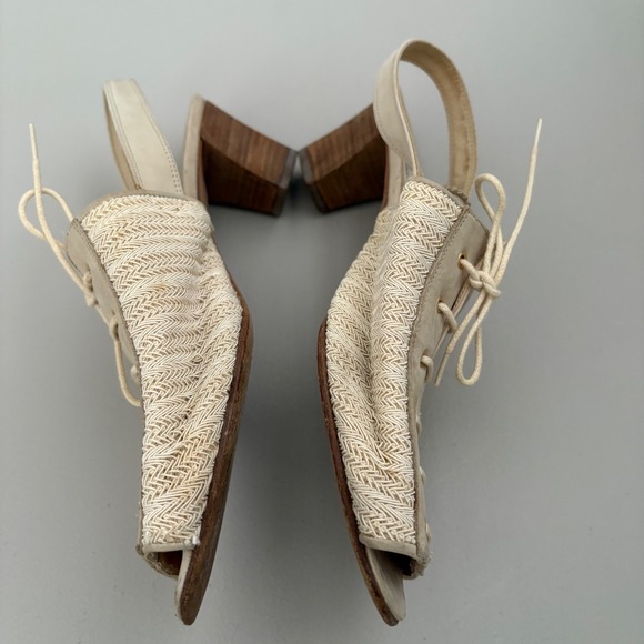 Saks Fifth Avenue Slingback Heels Lace Up Peep Toe Leather Woven Beige -Size 8.5 - Picture 9 of 9